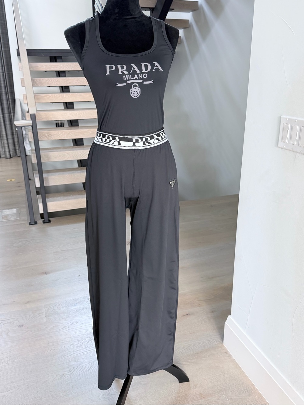 Prada Black Logo Tank Top with Wide Leg Pants Set with pockets Lounge Set size M - Picture 8 of 8